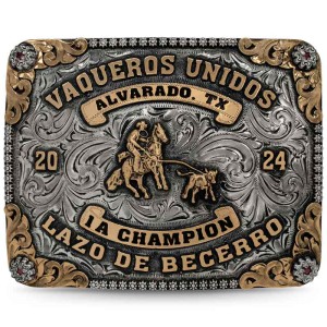 A custom rodeo belt buckle trophy with bronze lettering for Vaqueros Unidos from Alvarado, Texas, Lazo de Becerro, featuring a team roping figure 