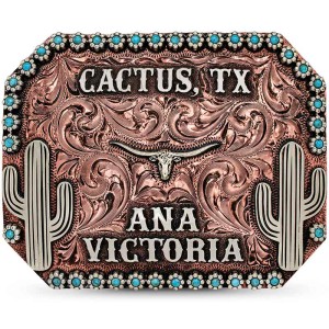 A custom western belt buckle for women featuring turquoise berries, cactus and a longhorn figure with personalized name