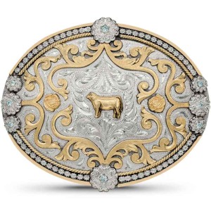 A custom western belt buckle for men featuring a golden cow bronze figure built on a plated german silver base 