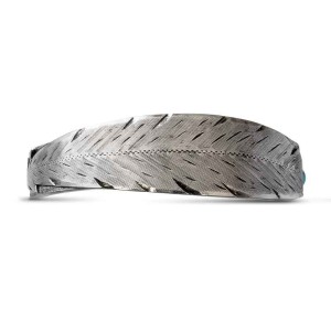 A silver cuff bracelet for men and women featuring a feather shape and turquoise stone