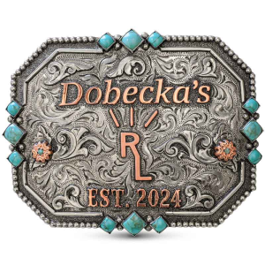 A custom silver and turquoise belt buckle for women featuring personalized copper lettering and ranch brand 