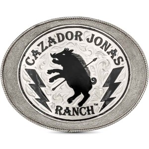 A custom hunting belt buckle for men featuring a custom logo built on an oval german silver base 