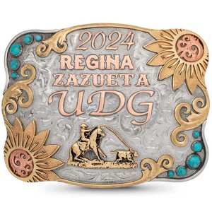 A custom women's belt buckle with sunflowers, simulated turquoise stones and personalized copper lettering, featuring a team roping bronze figure 