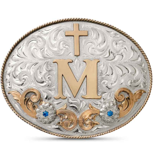 A custom initials belt buckle for men featuring a golden bronze figure built on an oval hand engraved german silver base 