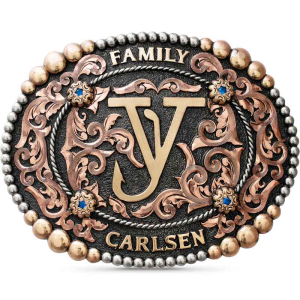 A custom belt buckle featuring a ranch brand built on a matted oval german silver base with copper scrolls 