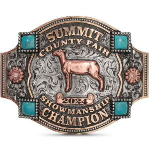 A custom belt buckle trophy for Summit County Fair Showmanship Champion featuring a lamb copper figure 