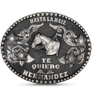 A custom belt buckle for men featuring personalized silver lettering and a horse head figure built on a silver matted german silver base