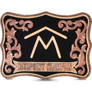 A custom initials belt buckle with copper scrolls for Highpoint Champion featuring a golden bronze ranch brand figure