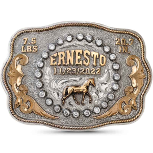 A custom western belt buckle for newborns featuring bronze lettering for date, name and weight, and a horse bronze figure 