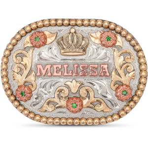 A custom oval women's bel buckle featuring a queen crown figure and  personalized name