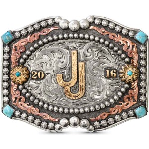 A custom initials belt buckle built on hand engraved german silver base adorned with turquoise stones, featuring two bronze initials