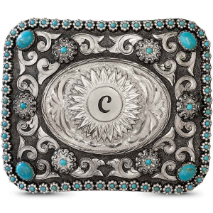 A custom silver and turquoise initials belt buckle for women featuring a sunflower figure, scrolls and flowers 