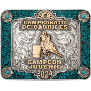 A custom rodeo turquoise belt buckle trophy  featuring bronze lettering for Campeonato de Barriles Champion and a barrel racing cowgirl figure