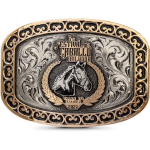 A custom belt buckle with a personalized logo built on a hand engraved german silver base and a frets frame