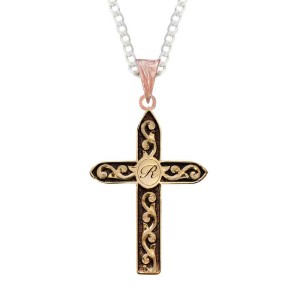 A custom bronze cross pendant necklace for men and women, western-inspired design. featuring personalized initial and bronze scrollworks