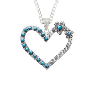 A custom heart pendant necklace built on a silver base with a turquoise stones, with a sterling silver chain 