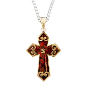 A custom silver cross pendant necklace for men and women, western-inspired design. featuring crushed turquoise base and personalized inital