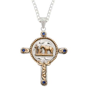 A custom silver cross pendant necklace for men and women, western-inspired design. featuring praying cowboy figure 