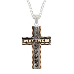 A custom silver cross pendant necklace for men and women, western-inspired design. featuring bronze personalized name