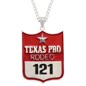 A custom pendant necklace featuring a personalized rodeo backnumber figure, with a sterling silver chain