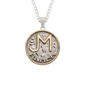 A custom pendant necklace featuring a personalized ranch brand and lettering, with a sterling silver chain