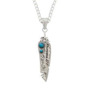 A custom name pendant necklace featuring a feather figure with turquoise stones, with a sterling silver chain