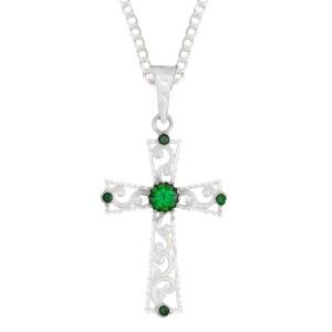 A custom silver cross pendant necklace for men and women, western-inspired design. featuring silver filigrane and green zirconia stones