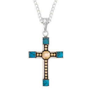 A custom silver cross pendant necklace for men and women, western-inspired design. featuring golden beads and turquoise stones