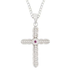 A custom silver plated cross pendant necklace for men and women, western-inspired design. featuring silver beads and pink zirconia stone