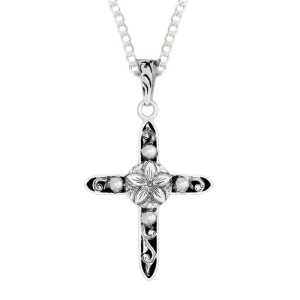 A custom silver cross pendant necklace for men and women, western-inspired design. featuring a silver flower figure 