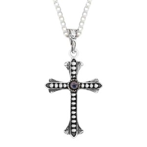 A custom silver cross pendant necklace for men and women, western-inspired design. featuring silver beads and zirconia stone