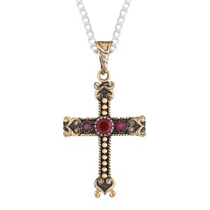 A custom bronze cross pendant necklace for men and women, western-inspired design. featuring bronze beads and red zirconia stones