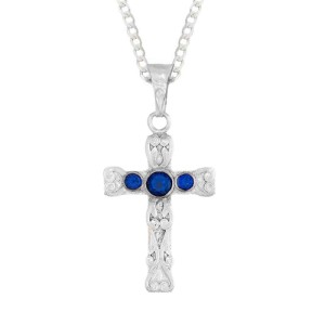 A custom silver cross pendant necklace for men and women, western-inspired design. featuring blue zirconia stones