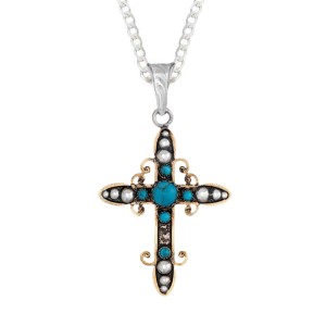 A custom bronze cross pendant necklace for men and women, western-inspired design. featuring turquoise stones and silver beads