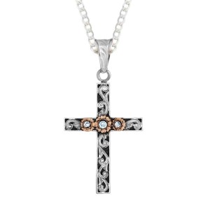 A custom silver cross pendant necklace for men and women, western-inspired design. featuring silver scrolls and bronze flowers