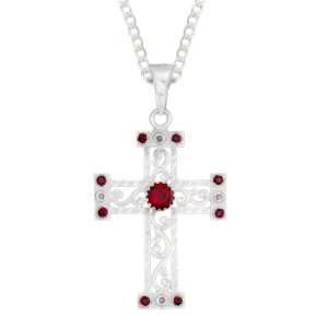 A custom silver cross pendant necklace for men and women, western-inspired design. featuring silver filigrane and red zirconia stones 