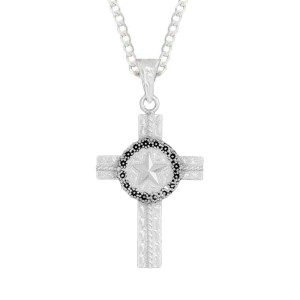 A custom silver cross pendant necklace for men and women, western-inspired design. featuring a silver star figure 