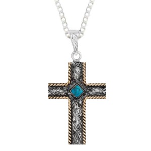 A custom silver cross pendant necklace for men and women, western-inspired design. featuring hand engraved details and turquoise stone