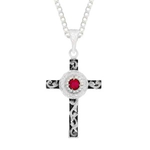 A custom silver celtic cross pendant necklace for men and women, western-inspired design. featuring a red zirconia stone