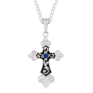 A custom silver cross pendant necklace for men and women, western-inspired design. featuring blue zirconia stones and black enamel