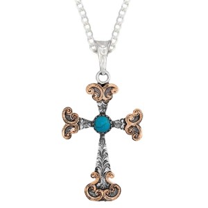 A custom silver cross pendant necklace for men and women, western-inspired design. featuring bronze scrolls and turquoise stone