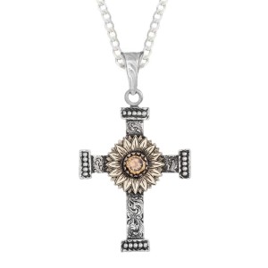 A custom silver cross pendant necklace for men and women, western-inspired design. featuring a sunflower figure 