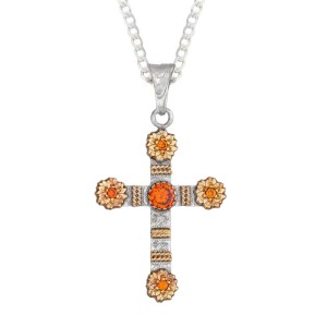 A custom silver cross pendant necklace for men and women, western-inspired design. featuring bronze flowers and orange zirconia stone