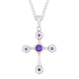 A custom silver cross pendant necklace for men and women, western-inspired design. featuring purple zirconia stones