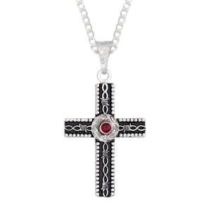 A custom silver cross pendant necklace for men and women, western-inspired design. featuring barbed wire details and red zirconia stone