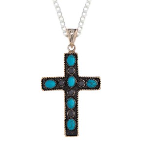 A custom silver cross pendant necklace for men and women, western-inspired design. featuring turquoise stones 