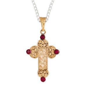 A custom bronze cross pendant necklace for men and women, western-inspired design. featuring golden scrollwork