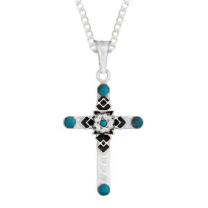 A custom silver cross pendant necklace for men and women, western-inspired design. featuring silver black enamel accents and turquoise beads