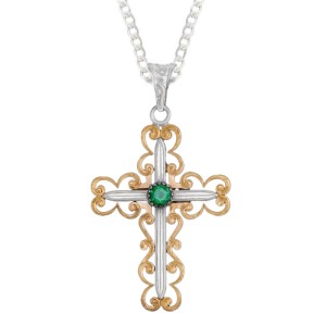 A custom silver cross pendant necklace for men and women, western-inspired design. featuring bronze filigrane and green zirconia stone