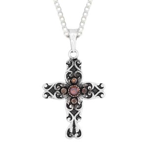 A custom silver cross pendant necklace for men and women, western-inspired design. featuring silver scrollwork